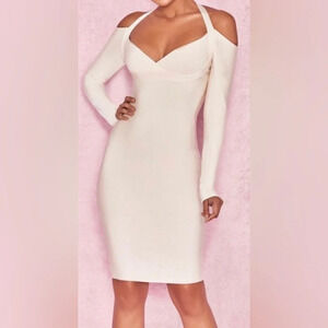 House of London  cream open shoulder bodycon party cocktail dress Sz S
